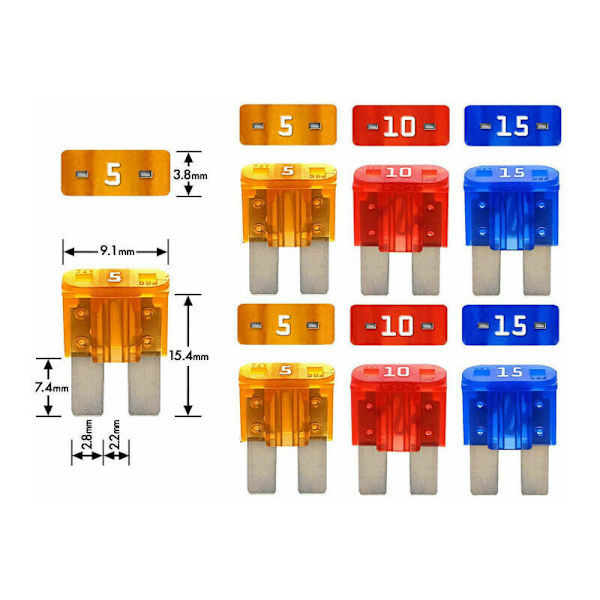 4 stk. 12V 24V Micro 2 Sikringsholdere, Bladsikring Holder Adapter, med 6 stk. 5A 10A 15A Bladsikringer og 1 stk. Sikringsudtrækker