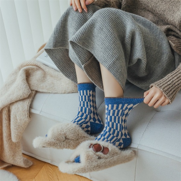 5 paria sinisiä sukkia naisille syksyllä ja talvella, paksunnetut lämpimät sukat, naisten japanilaiset retrot monipuoliset pohkeen keskipitkät sukat