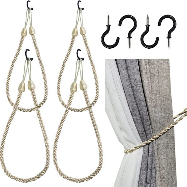 Sæt med 4 gardinholdere, gardinholdere med 4 metalskruer, holdback-ledning til tynde eller tykke gardiner A