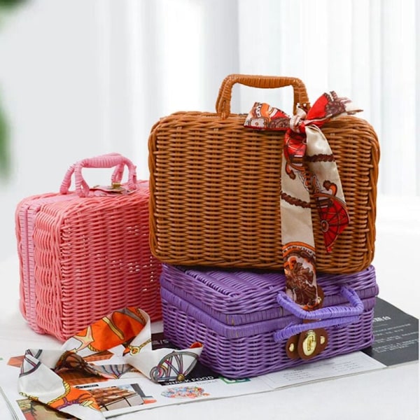 Retro Imitation Rattan Picknickkorg Väv Resväska Handvävd Fotografi Rekvisita Förvaring Dekoration Brun
