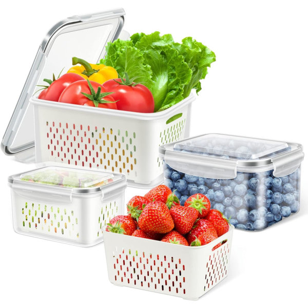 Frugtopbevaringsbeholdere til køleskab - 3 pakke store produktbesparende beholdere Køleskabe med lufttæt låg og dørslag, grøntsagsopbevaringssalat