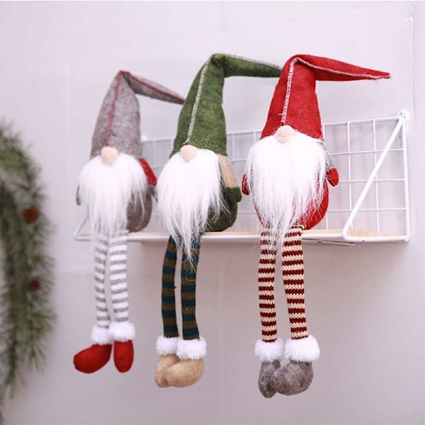 3 stk. Juleplysfigurer, Julepynt Nisse Plysfigur Svensk Tomte Nisse Håndlavet Skandinavisk Julemand Elf Figur Langben til Hjemmedeko