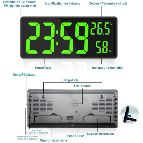 Digital väckarklocka, väggklocka morgonväckarklocka LED digital stor skärm spegel med temperatur datum, USB-klocka för hem kontor, svart, digital