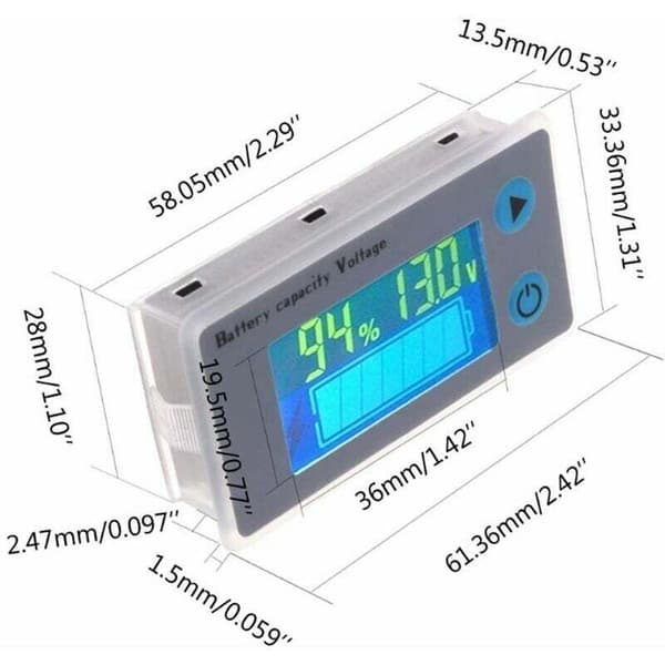 10-100V LCD Batterikapacitet Multifunktion Voltmeter Med Temperaturvisning