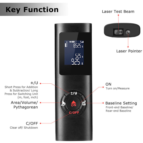 Laseravståndsmätare 40m, Bärbar Digital Laseravståndsmätning Yta Volym/Pythagoras Funktion/IP54/LCD-Bakgrundsbelysning/Laddningsbar