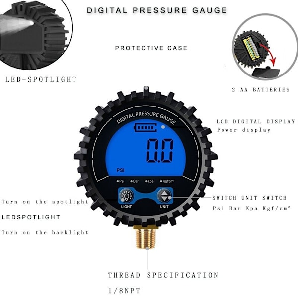 Digitalt däcktrycksmätare Däcktestare Display Lufttrycksmätare 1/8 gänganslutning