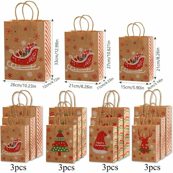 Julegaveposer, 12 stk Kraftpapirposer med håndtak, Store julekraftposer, 3 forskjellige størrelser gaveposer Bursdagspose for godteri til jul