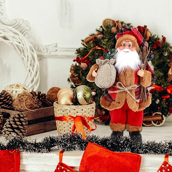 Mini Stående Tomtefigur 30cm Traditionell Röd Juldekoration Ornament Dock Tomtefigur Långt Skägg för Fönster Bord Eldstad