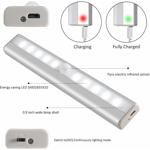 Skaplys med sensor, bevegelsesdetektorlampe, 10 LED nattlys med magnetisk stripe, USB-drevet (trådløst), automatisk skaplys