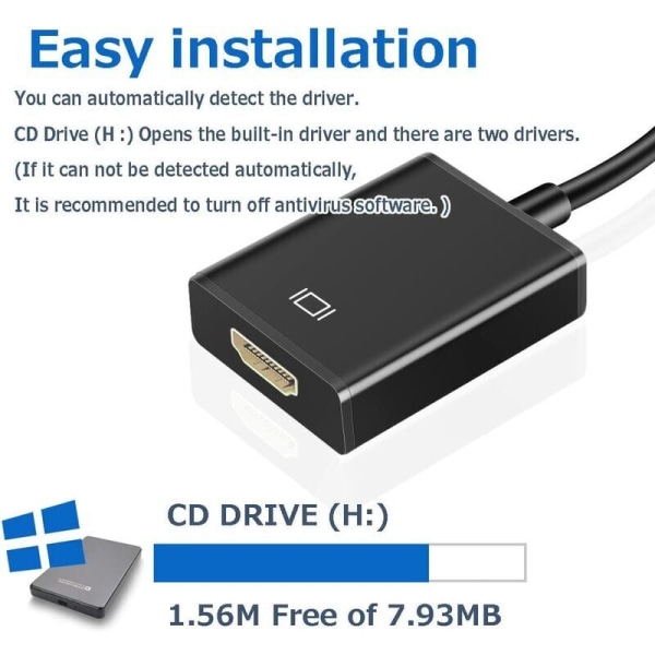 USB til HDMI-adapter, USB 3.0/2.0 til HDMI-lydadapter, 1080P HD-videokonverter til pc, bærbar HDTV TV Kompatibel med Windows XP/7/8/8.1/10