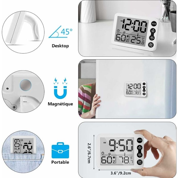 Indendørs termometer hygrometer, multifunktionel elektronisk termo-hygrometer, klart LCD-display, præcis fugtighedsmåler med vækkeur til hjemmet, B