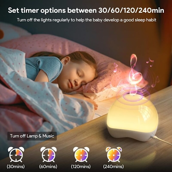 Nattlampa med väckarklocka för barn, Tuya APP/Touch-knappkontroll, 7 färger, 25 lugnande ljud, nattlampa, för tunga sovare, sömnstöd, timer, B