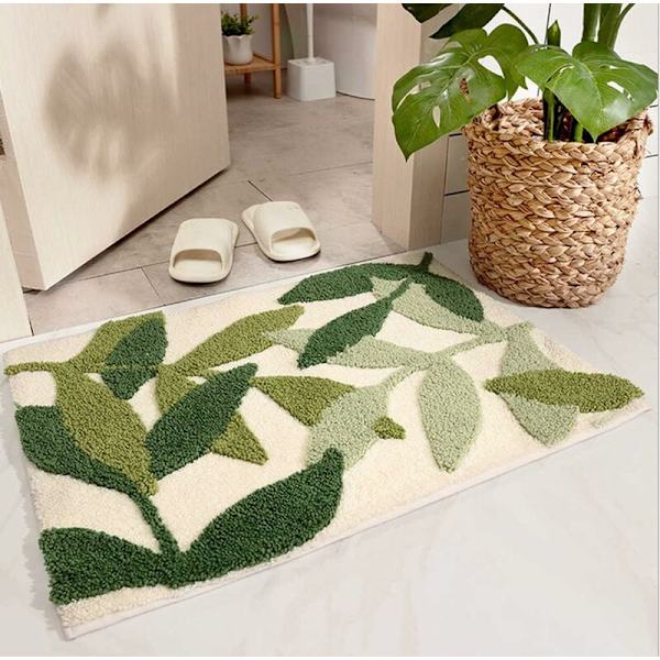 Grön blad badrumsmatta, halkfri mjuk absorberande maskintvättbar dörrmatta för badrumsgolv badkar dusch, 17,5 x 25,5 tum