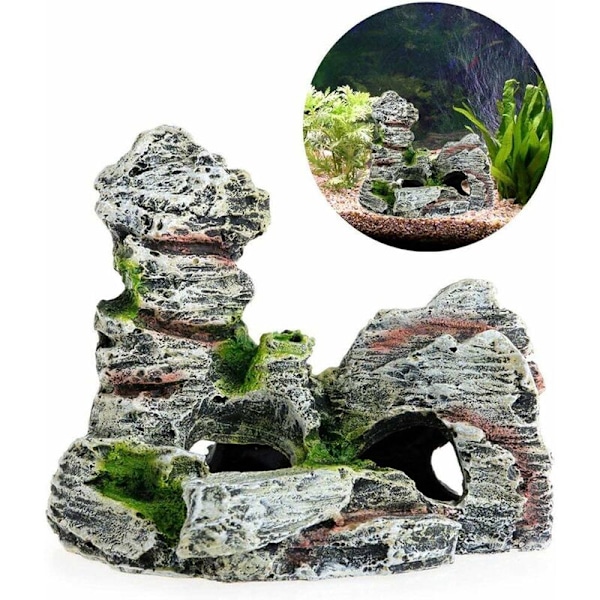 2 stk Akvarium Ornament Utsikt over Rocky Cave Form med Grønt Gress for å Gjemme Reker og Fisk Landskap Rock Hide Cave Tree Akvarium Dekorasjon-Fei Yu