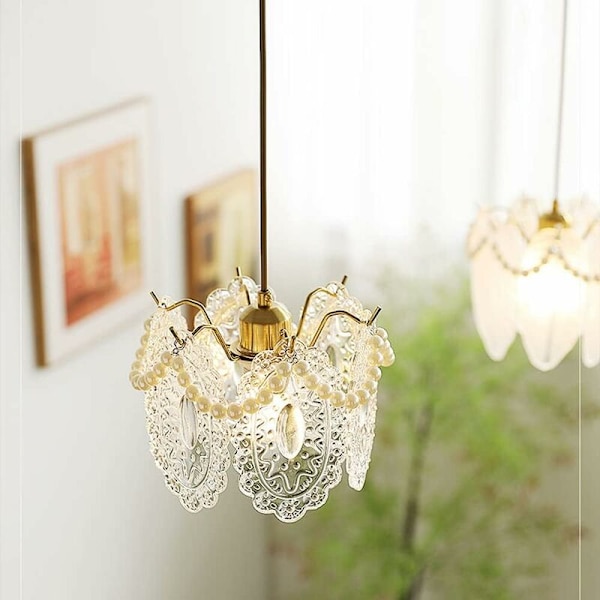 Glaspendellampa Dekorativ Pärla Enhuvud Hängande Lampa Mid-Century Enkel Droplight för Restaurang Köksö Sovrum Sängbordlampa, A-DEN