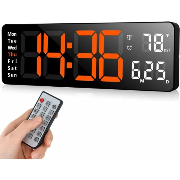 Digitala väggklockor, väggklocka med datum, moderna väggklockor för vardagsrum, tysta väggklockor för sovrum med fjärrkontroll (orange, 13)