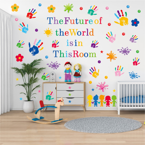 Färgglad vinylfärgstänk Handavtryck Väggdekor Inspirerande klistermärke Positiva ord Väggdekor för klassrum Skolbarn Väggdekor i sovrummet