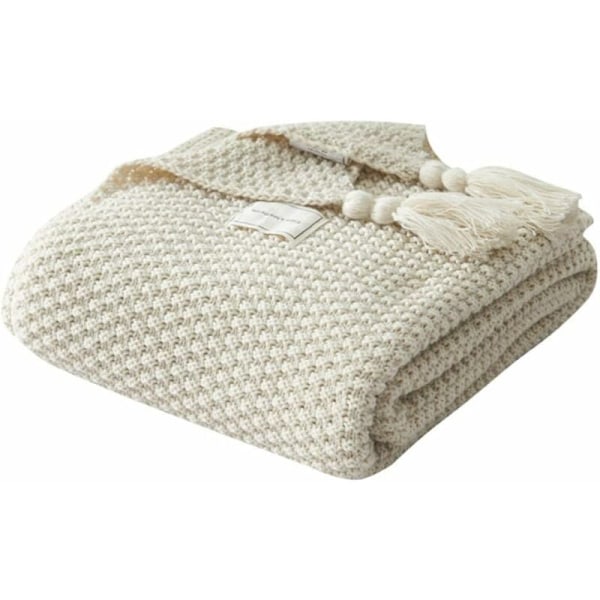 Strikket tæppe, nordisk håndlavet strikket modetæppe til bløde tæppeoverkast til sofa sengstæppe sengetæppe, beige-110X240CM