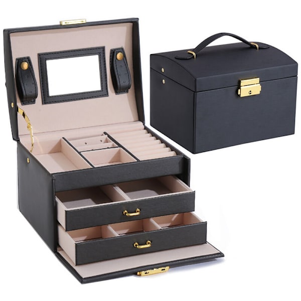 Smyckeskrin, Smyckeskrin Makeup Box Smycken och Kosmetisk Skönhetsväska 3-lagers Konstläder med 2 Lådor, Svart