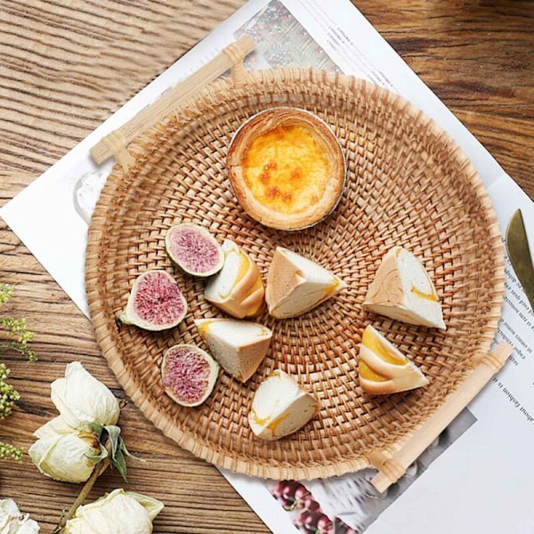 Rattan Brødkurv Rund Flettet Te-brett med Håndtak for Servering av Middager, Kaffe, Lunsj (8,7 tommer)