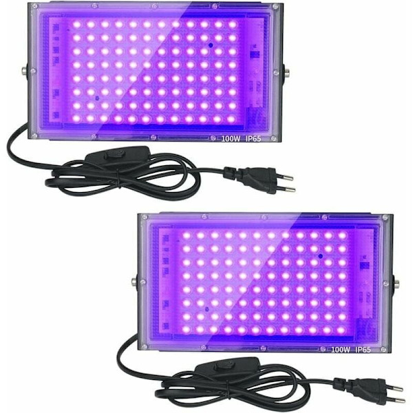 Sæt med 2 UV LED-projektorer 100W Vandafvisende IP65, Ultraviolet Belysning til Akvarium, Fest, Fluorescerende Maleri, Fluorescerende Plakater, Barer, Fester.