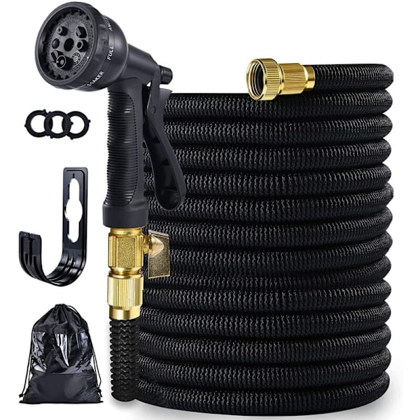Utvidbar hageslange 30m forsterket tilpasningsdyktig 1/2\" og 3/4\" 10 spraymoduser fleksibel og lekkasjesikker tilkobling og oppbevaringspose følger med svart