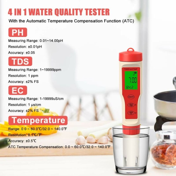 Digital pH-mätare, 0,01 upplösning 0-14pH 4 i 1 TDS EC temperaturmätare, vattenkvalitetstestare med bakgrundsbelyst LCD, automatisk kalibrering, test