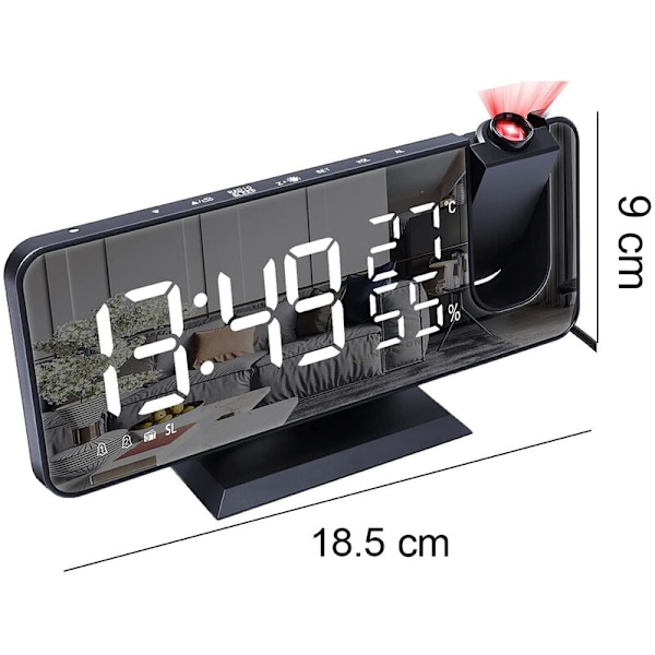 Projektionsväckarklocka för sovrumstak, digital väckarklocka med radio och USB-laddningsportar, LED-skärm, 4 dimmer, dubbel väckarklocka med