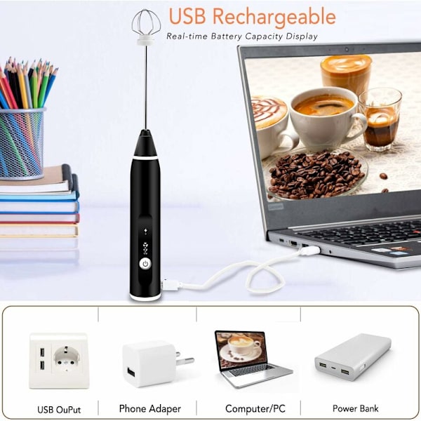 Dobbel visp elektrisk melkeskummer, USB-oppladbar kaffeskummer, 2 i 1 håndholdt melkeskummer eggeblander, Sunny