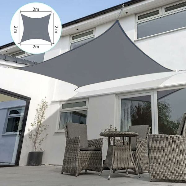 Udendørs haveparasol, firkantet skygge sejl 2 × 2 m, vandtæt skygge sejl 98% UV-beskyttelse, egnet til have terrasse camping pool fest, med reb