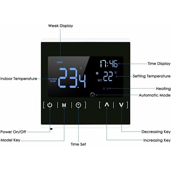 Termostat til elektrisk gulvvarme, programmerbar temperatur og LCD-display med dobbelt temperatur og dobbelt styring, 3 meter ekstern sensor kabel