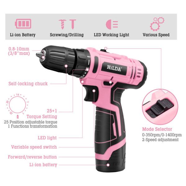 12V sladdlös borrskruvdragare, sladdlös skruvmejsel, förvaringsväska, 20 Nm, rosa borrskruvdragare för DIY