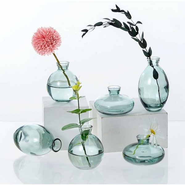 Glasvaser, set med 6 gröna vaser för blommor, små bulkblomvaser för bröllopsdekorationer, blomsterarrangemang, vardagsrum och heminredning