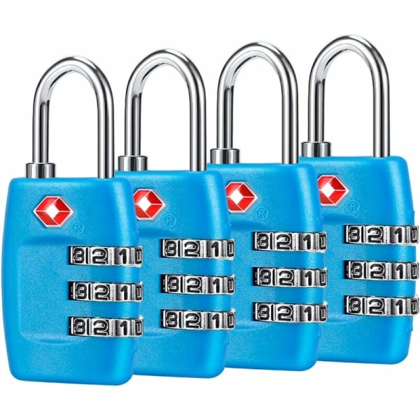 Bagasjelås (4-pakning) - 3-sifret kombinasjonslås - Reisegodkjent lås for kofferter og bagasje (blå)