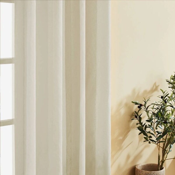 Sett med 2 Khaki Gjennomsiktige Gardiner i Lin-Effekt - Øyebøyle Gardiner Soverom Dekorasjon Halvtransparent for Stue Kjøkken Gardin 140x180cm(Bredde x Høyde)
