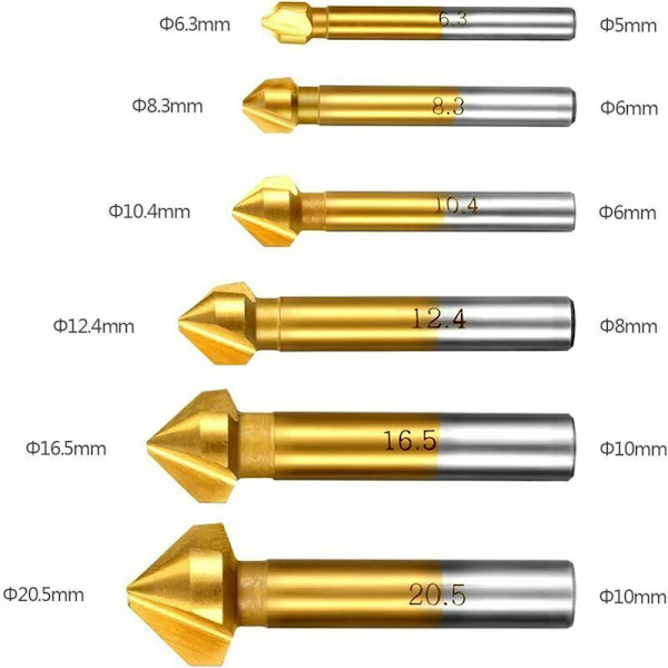 90° försänkningssats, Hss 4241 försänkningsfräsar med titanbeläggning för trä och mjuka metallfasningsfräsar 6 delar Innehåller 6,3–20,5 mm borr