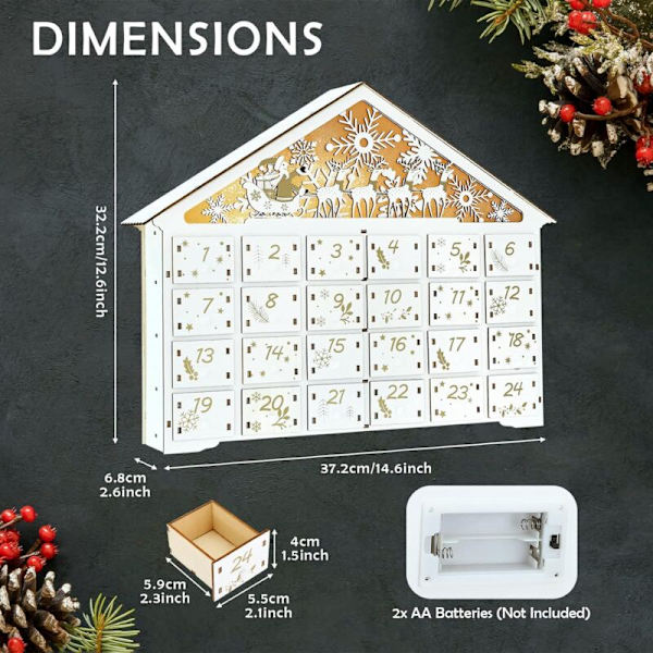 Fyllbar adventskalender 2023, adventskalender i trä, 24 julkalendrar med LED-lampor, nedräkning till jul, adventstid, present till jul