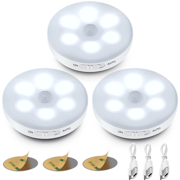 Automatisk LED Natlys, Indendørs Bevægelsessensorlys, Trådløse LED Lys, 3 Tilstande (Auto/Tændt/Slukket) ，LED Skabslys, Genopladelig