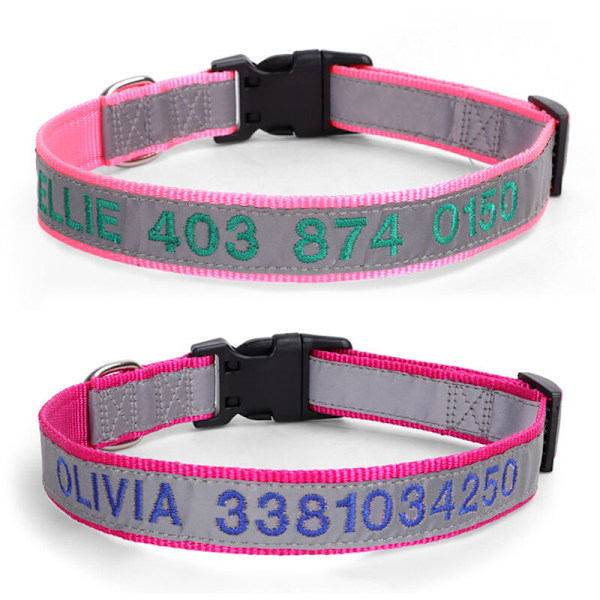 Personliga Reflekterande Hundhalsband, Graverade med Namn och Telefonnummer, Justerbar Hund Rosa+rosa