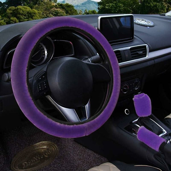 3-delad fluffig rattmuffset, vintervarm rattmuff, handbromsskydd, växelspakskydd, universell plysch halkfri, lila-