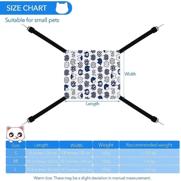 Set med 3 vändbara hängande hängmattor för med justerbara remmar och krokar Dubbelsidig hängande säng för hängmatta med husdjursbur L