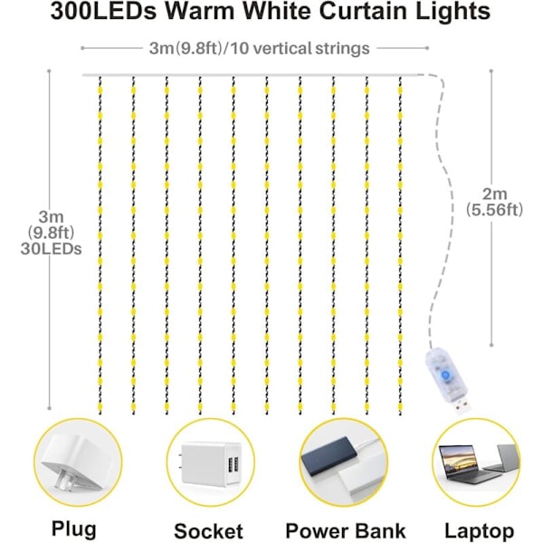 3x3m LED Gardinljusslinga LED Ljusslinga Gardin med 8 lägen, 300 LED, IP44 Vattentät Dekoration för Jul, Festdekoration, Inomhusljus