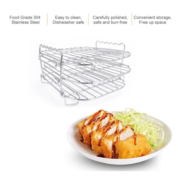Rustfrit Stål Airfryer Tre-lags Gitter Multifunktionelt Firkantet Ristestativ med Spidde Pinde Bagebakke Airfryer Holder