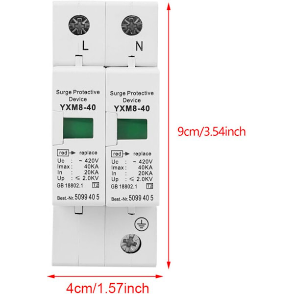 1 stk 220V 2P 40KA Lavspændings Overspændingsbeskytter Arrester Enhed