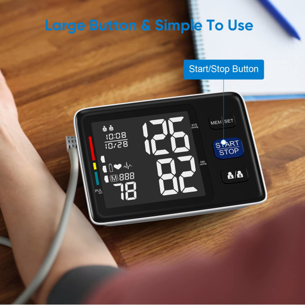 Automatisk digital blodtryksmåler - Justerbar, stor manchet, baggrundsbelyst skærm blodtryksmaskine - med bæretaske til hjemmet (sort)