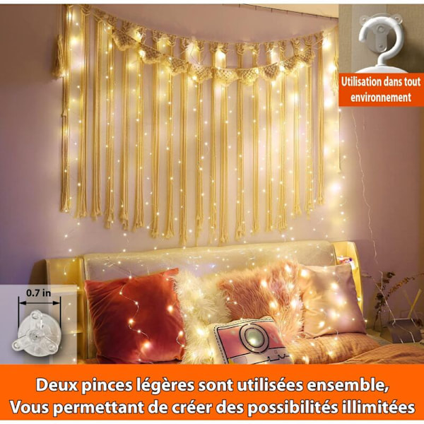 100LED Lysgardin Varmt Hvit Lysgardin 3mx1m 8 USB Lysmoduser Fjernkontroll Lysgardin med Timer for Jul, Bryllup, Fødselsdag