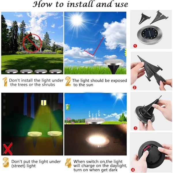 Sett med 4 solcelledrevne hagelamper, 12 LED, solcelledrevne hagebelysning, varm hvit, IP65 - RWLight og belysning / Utebelysning