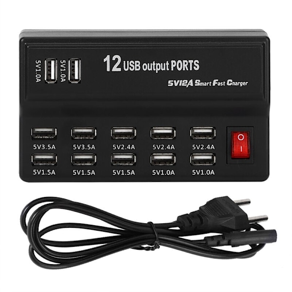 Multi-port 12-ports overspenningsvern med hurtiglader USB-stasjon 100-240V internasjonal USB-ladingssentral med ledning og spade for flere enheter (E