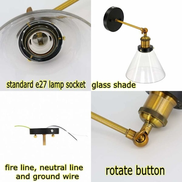 Lightess Industriell Glasvägglampa Vintage Retro E27 DIY Väggbelysning för Kök Matrum Vardagsrum Barnrum Restaurang [Energiklass