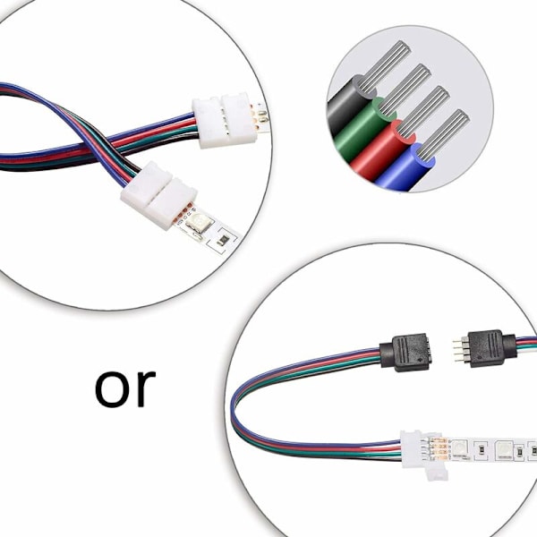 5050 4-nastainen RGB LED-valonauha-liitäntäpaketti, sisältää jakokaapelia, liitäntäkaapeleita LED-nauhalle, L-muotoisia liittimiä, 4-nastaisia urosliittimiä